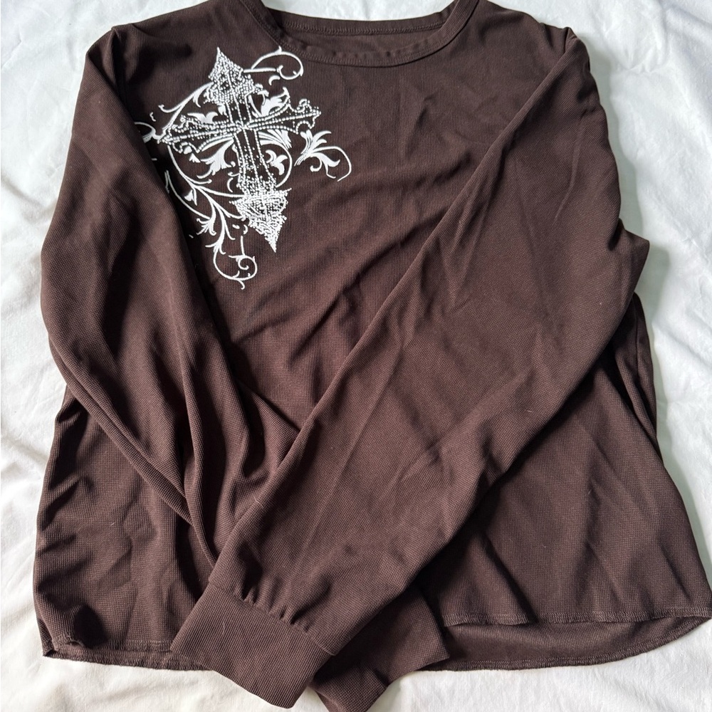 Brown Long Sleeve Top with Graphic Design